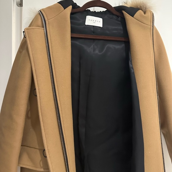 Sandro Women's KURT Camel Wool Coat with Fur Trim Hood 4 Buttons - Picture 4 of 5